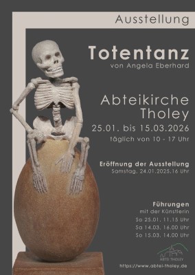 Ausstellungsplakat; die Figur eines Skeletts sitzt auf einem Ei